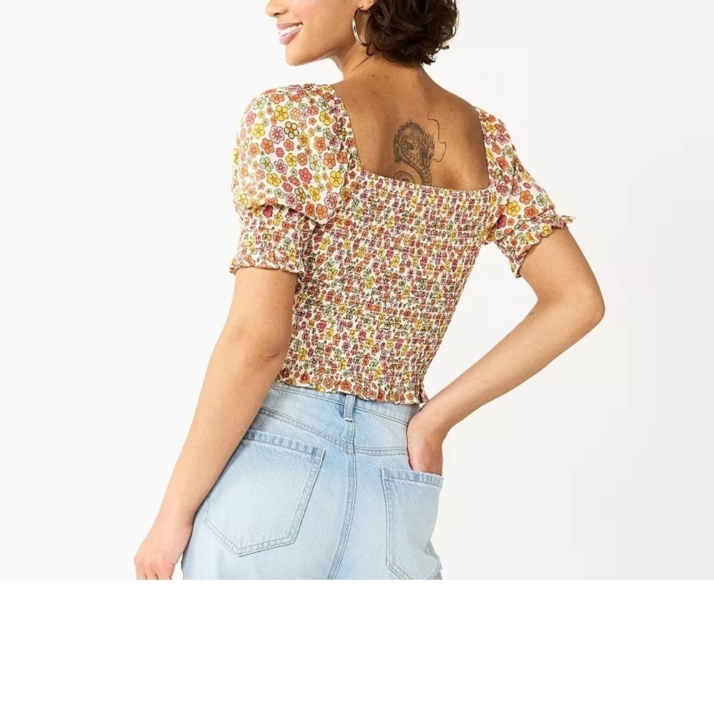 SO Multicolor Floral Puff Sleeve Blouse Smocked Jr Xl Retro Flowers